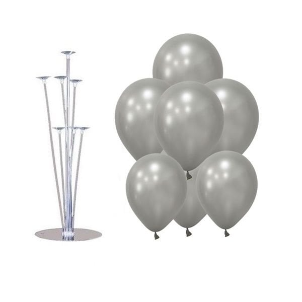 Standlı Metalik Gümüş Gri Balon Demeti