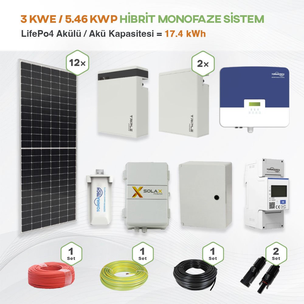 3 kWe / 5.46 kWp Hybrid Monofaze Solar Paket Sistem - LifePo4 Akü Kapasitesi 17,4 kWh