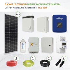 5 kWe / 6.37 kWp Hybrid Monofaze Solar Paket Sistem - LifePo4 Akü Kapasitesi 11,6 kWh