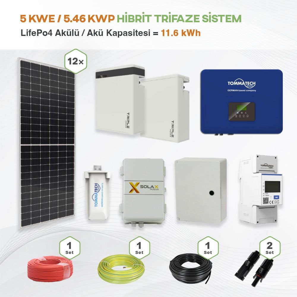 5 kWe / 5.46 kWp Hybrid Trifaze Solar Paket Sistem - LifePo4 Akü Kapasitesi 11,6 kWh