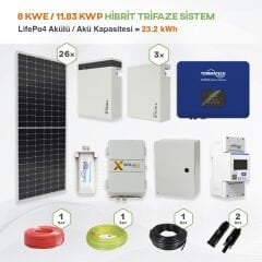 8 kWe / 11.83 kWp Hybrid Trifaze Solar Paket Sistem - LifePo4 Akü Kapasitesi 23,2 kWh