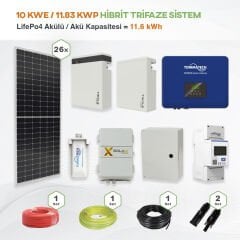 10 kWe / 11.83 kWp Hybrid Trifaze Solar Paket Sistem - LifePo4 Akü Kapasitesi 11,6 kWh
