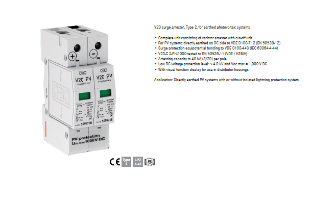 Tip 2 Parafudr ; 2-Kutup Fotovoltaik ; V20-C 2-PH-1000; (1000V)