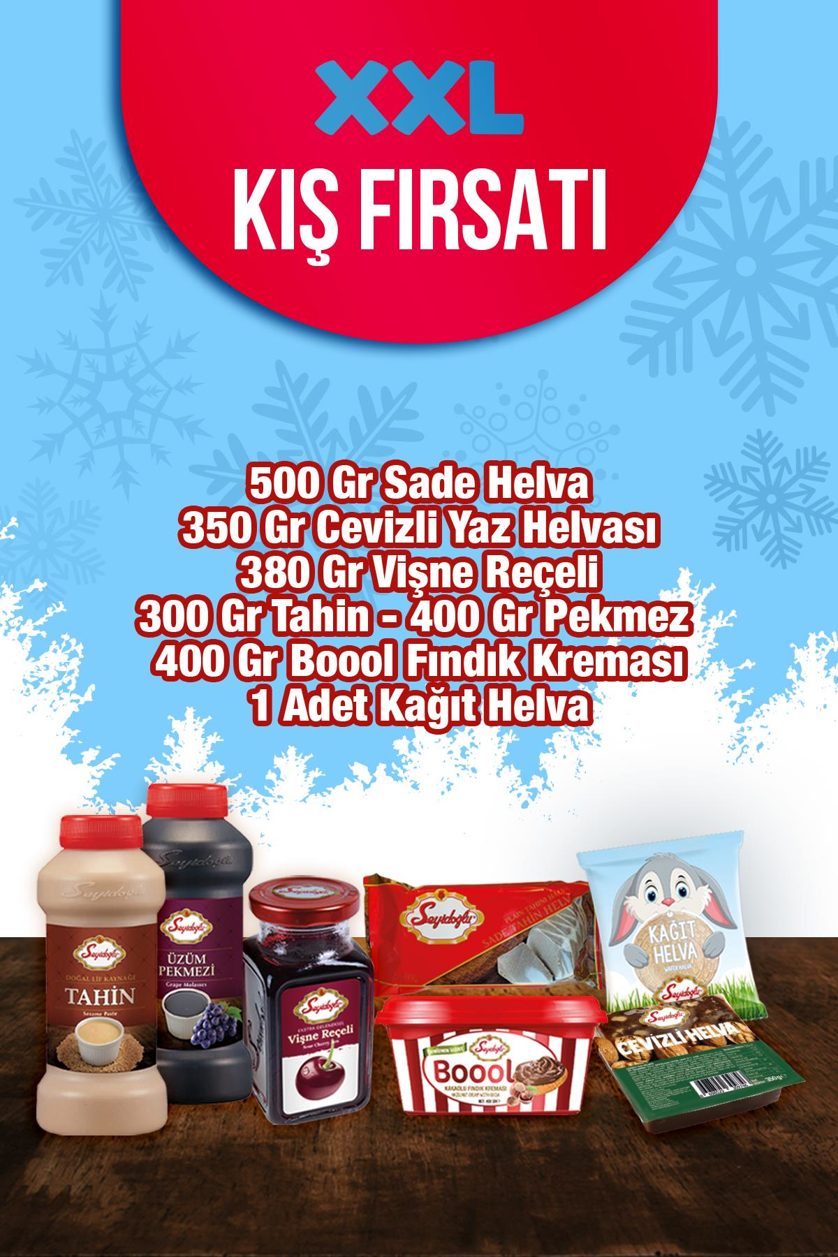 XXL KIŞ Fırsatı İndirim Paketi Sade Helva+Cevizli Yaz Helvası+Vişne Reçelİ+Tahin+Pekmez+Fındık Kreması+Kağıt Helva