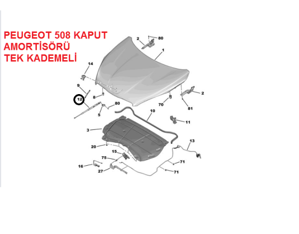 PEUGEOT 508 ( 2012-->2019 ) MOTOR KAPUT AMORTİSÖRÜ KAPUT AMORTİSÖRÜ 508 ( TEK KADEMELİ )