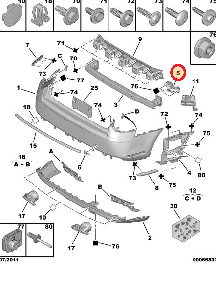 CITROEN C5 ( X7 ) 2008--> ARKA TAMPON BAĞLANTI AYAK TAKIM -- İÇ -- STOP ALTI --