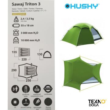 Husky Sawaj Triton 3 Kişilik 5 Mevsim Kamp Çadırı Yeşil