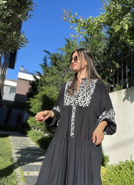 Siyah-Gümüş Desen Katleya Model Elbise