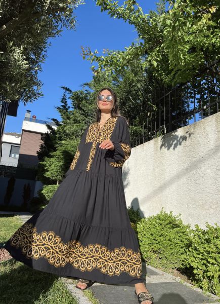 Siyah-Gold Desen Katleya Model Elbise
