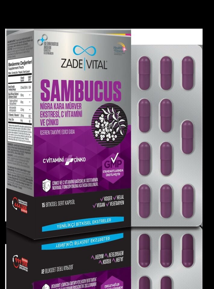 Zade Vital Sambucus Nigra Kara Mürver Ekstreli C Vitamini & Çinko İçeren Takviye Edici Gıda 15 Kapsül