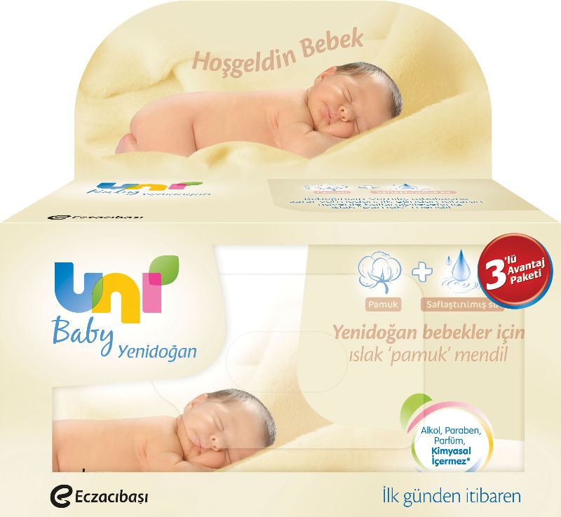 Uni Baby Yenidoğan Islak Pamuk Mendil 3`lü