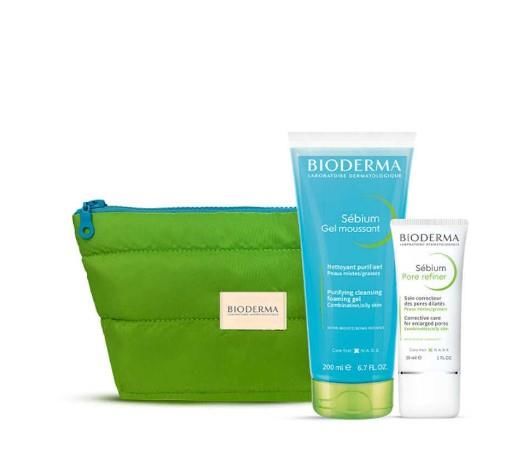 Bioderma Sebium Foaming Gel Tüp 200 ml + Sebium Pore Refiner Krem 30 ml - Yeşil Makyaj Çantası Hediyeli