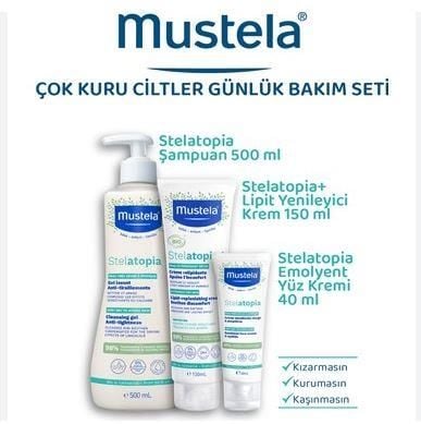 Mustela Stelatopia Bakım Seti Çantalı - Şampuan 200 ml + Lipit Yenileyici Krem 300 ml + Emolyent Yüz Kremi 40 ml