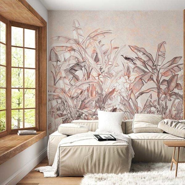 Soft Pembe Yapraklar Çizim Tropik Ağaçlar Duvar Kağıdı