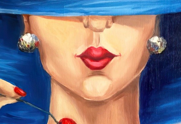 Mavi Şapkalı Bayan Kanvas Çıtalı Tablo