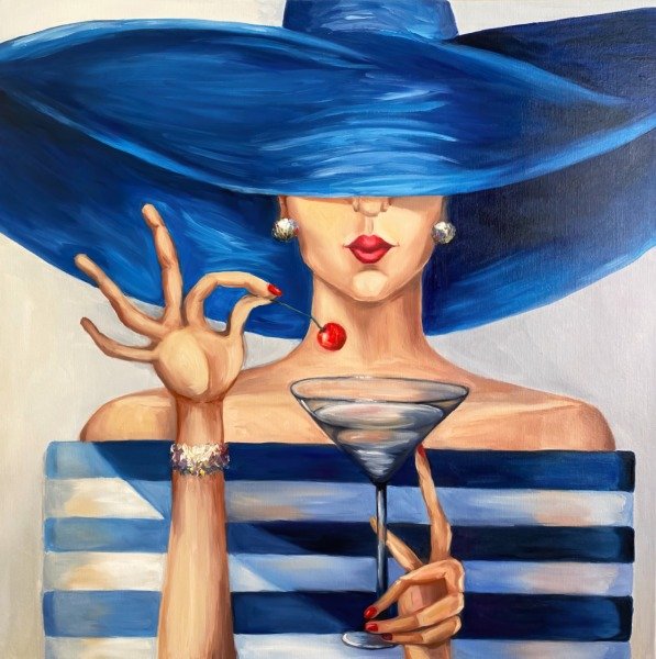Mavi Şapkalı Bayan Kanvas Çıtalı Tablo