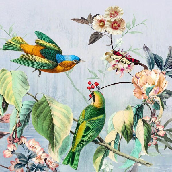 Göl Manzarası Rengarenk Yapraklar Kuşlar ve Kelebek Duvar Kağıdı