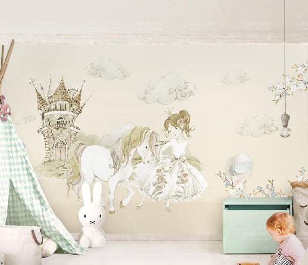 Sevimli Prenses ve Unicorn At ve Şato Çocuk Duvar Kağıdı