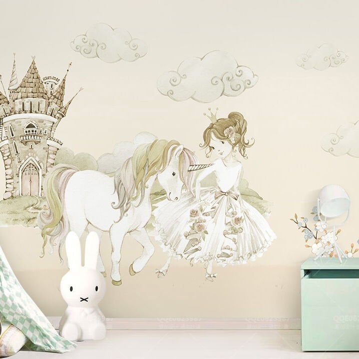 Sevimli Prenses ve Unicorn At ve Şato Çocuk Duvar Kağıdı