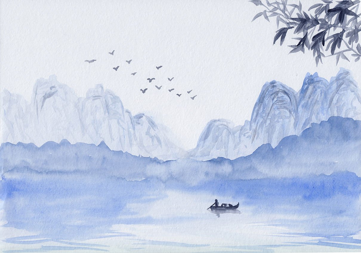 Suluboya Çizim Mavi Dağlar Kayık Duvar Kağıdı