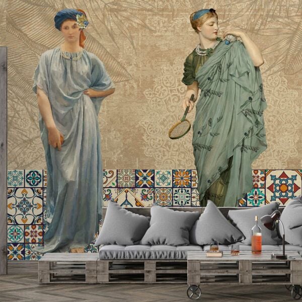 Bej Zemin Antik Çağ Elbiseli Kadınlar ve Yapraklar Duvar Kağıdı
