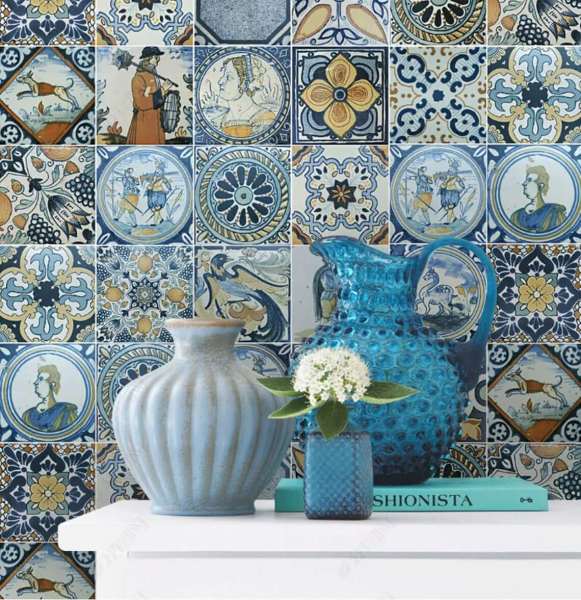 İskandinav Tarzı Geometrik Mavi Mozaik Duvar Kağıdı