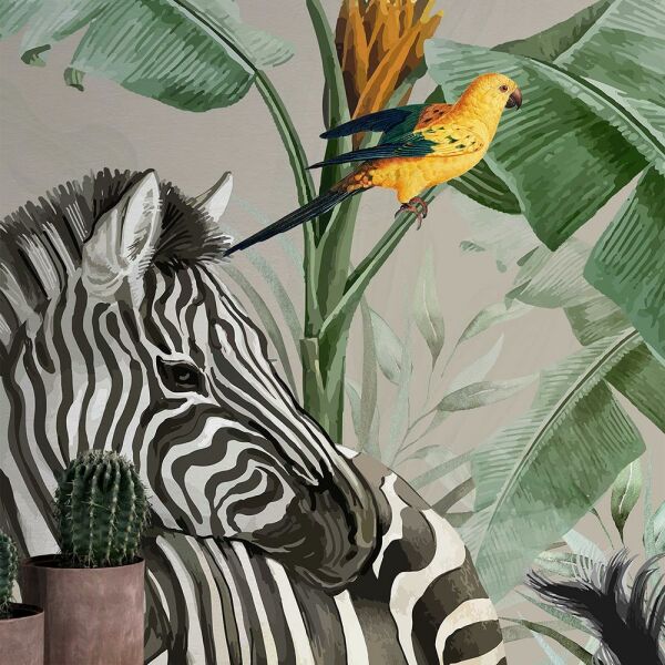 Yapraklar İçinde Zebra ve Papağanlar Duvar Kağıdı