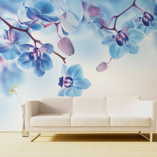 Mavi Lila Orkide Çiçekler Duvar Kağıdı