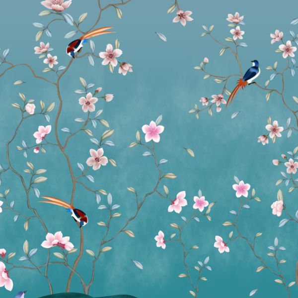 Mavi Fonda Sarmaşık Çiçek ve Kuşlar Duvar Kağıdı
