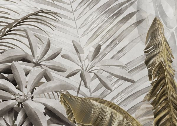 Gri Zeminde Sepya Tropik Yapraklar Tasarım Duvar Kağıdı