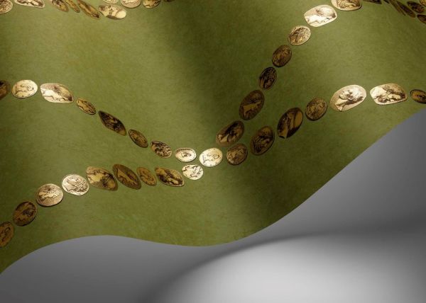 Fornasetti Senza Cammei Zeytin Yeşili Altın Duvar Kağıdı