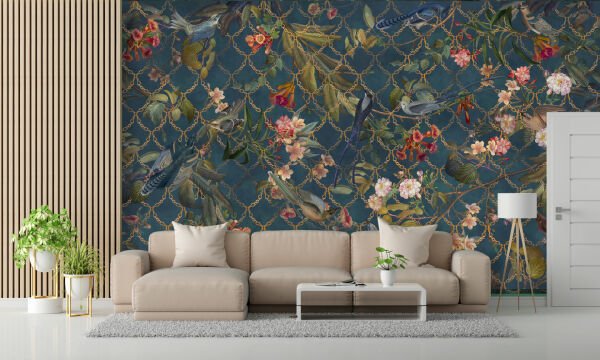 Manolya Çiçekleri Minik Kuşlar Zincir Detaylı Duvar Kağıdı