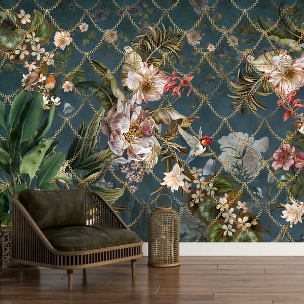 Manolya Çiçekleri Minik Kuşlar Altın Zincir Detaylı Duvar Kağıdı