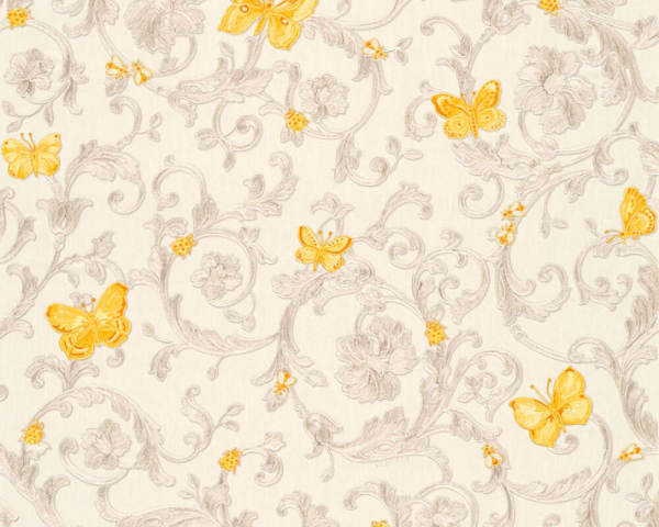 Versace Krem Zeminde Sarı Kelebekler Duvar Kağıdı