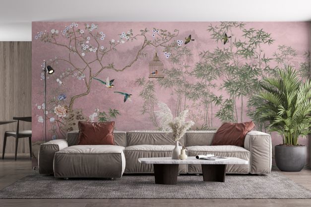 Pembe Zeminde Kuşlar Sakura Ağacı Duvar Kağıdı