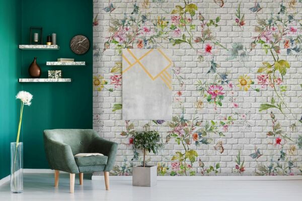 Taş Duvarda Çiçekler Tasarım Duvar Kağıdı