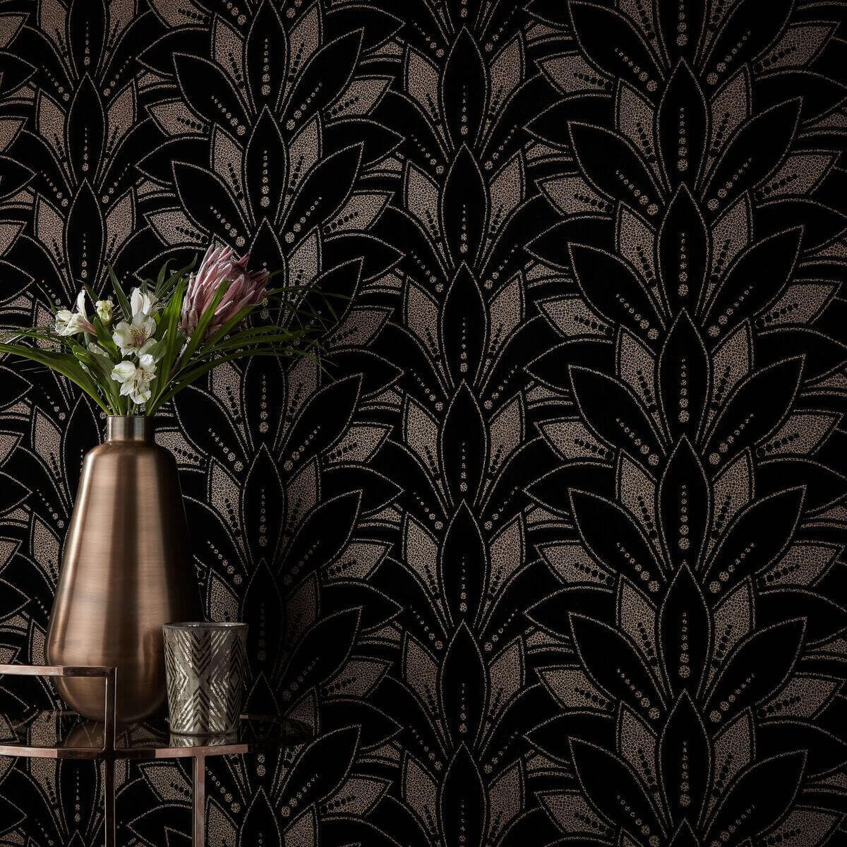 Elodie Astoria Flock Siyah Yapraklar Duvar Kağıdı