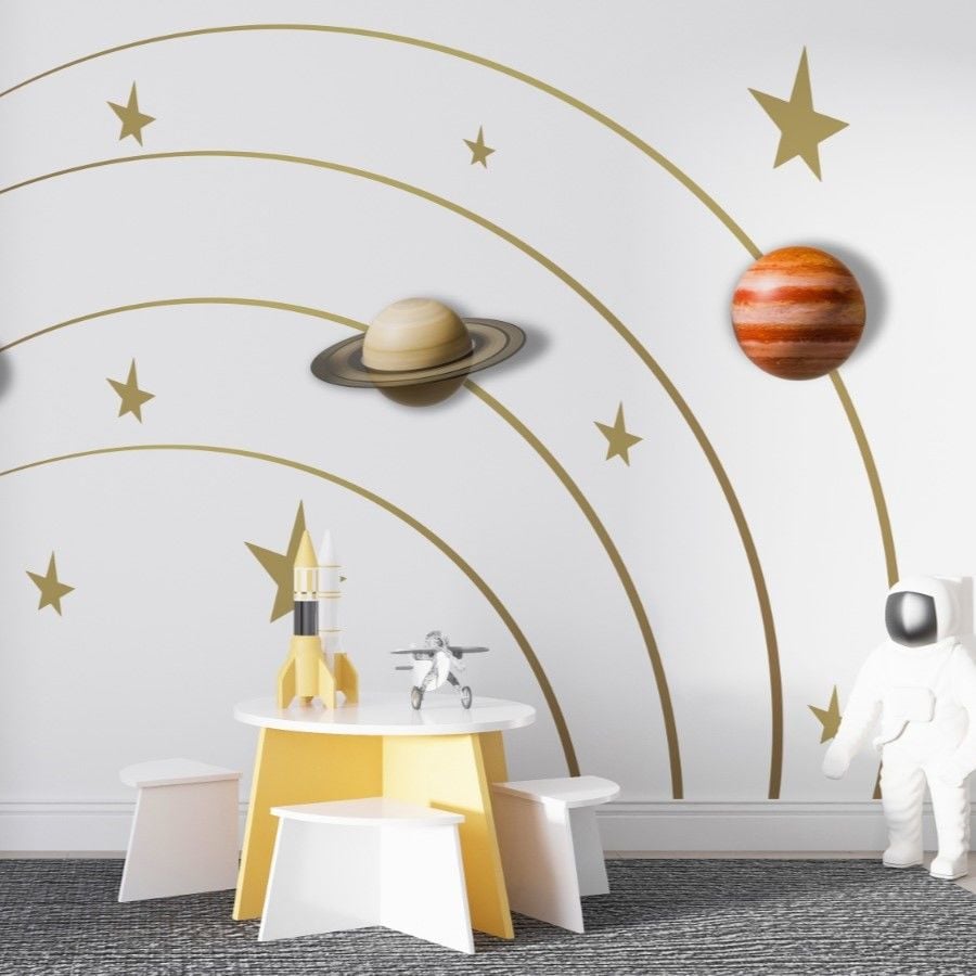 Yıldızlı Gezegenler Gold Çizim Tasarım Duvar Kağıdı