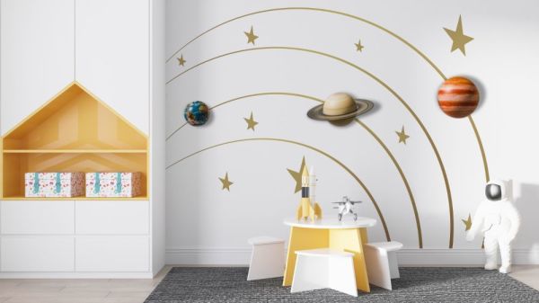 Yıldızlı Gezegenler Gold Çizim Tasarım Duvar Kağıdı
