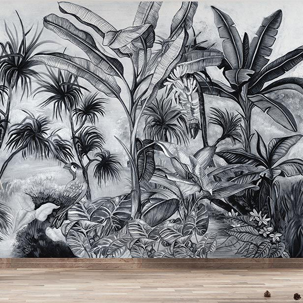Siyah Beyaz Çizim Tropik Ağaçlar Duvar Kağıdı