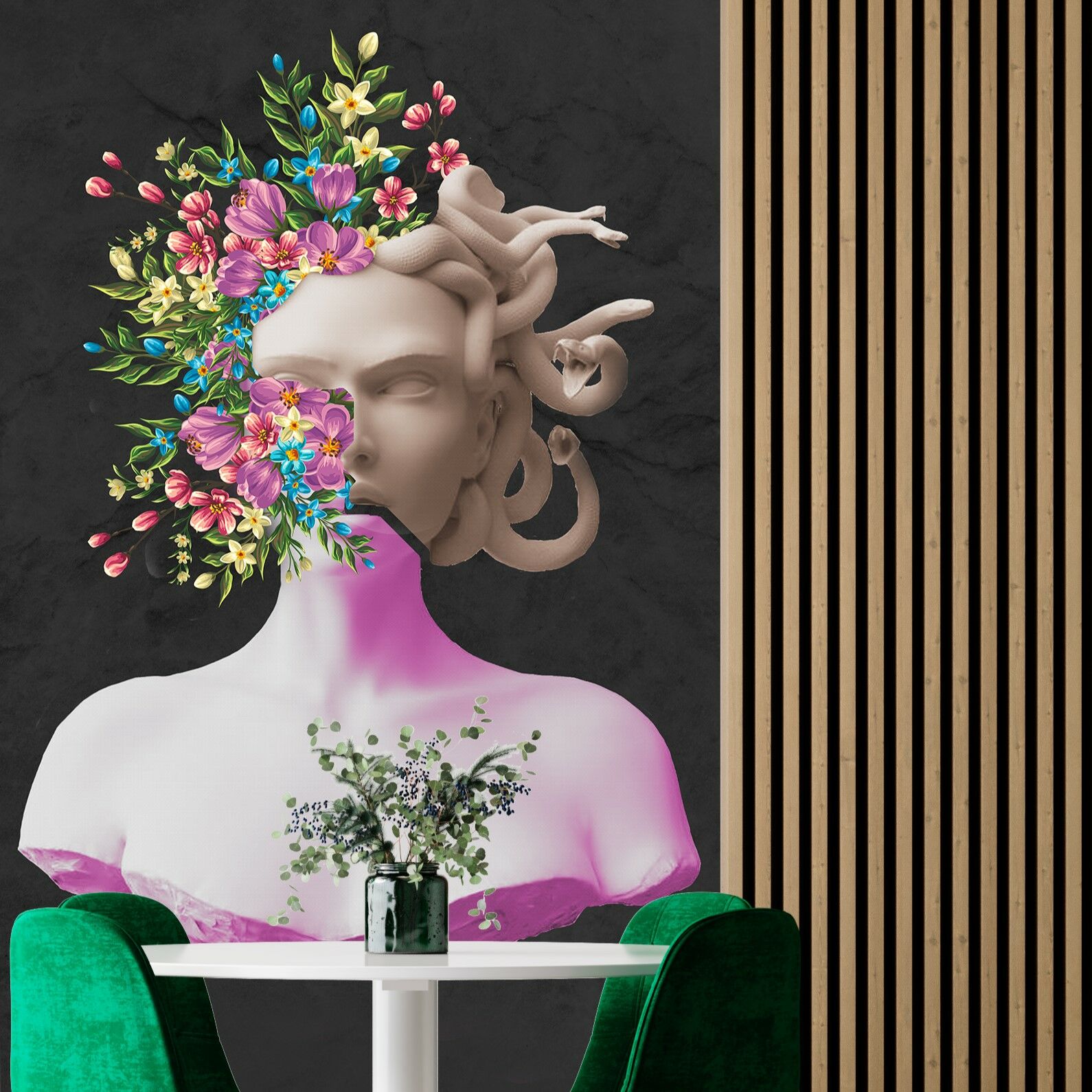 Çiçekler İçinde Medusa Tasarım Duvar Kağıdı