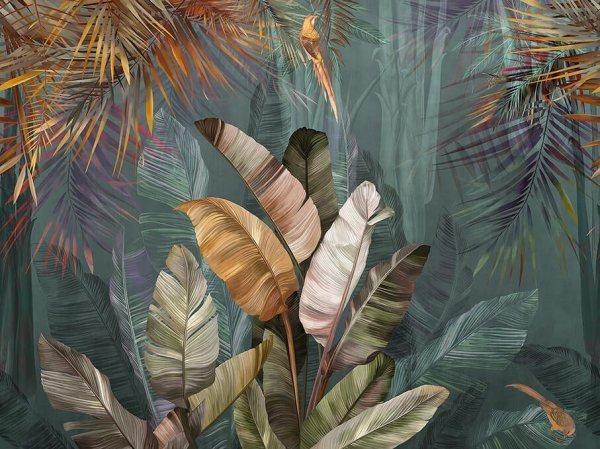 Tropikal Büyük Yapraklar Çizimli Duvar Kağıdı