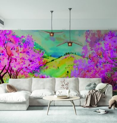 Renkli Dağlar Çiçekli Ağaçlar Duvar Kağıdı