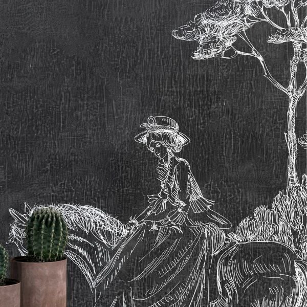 Siyah Zeminde Beyaz Çizim Buğday Ambarı Duvar Kağıdı