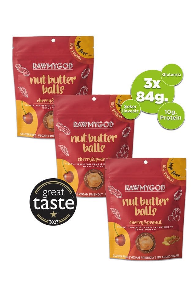 RAWGOOD Vişneli, Fıstık Ezmeli Meyve ve Yemiş Topları (3 Paket)