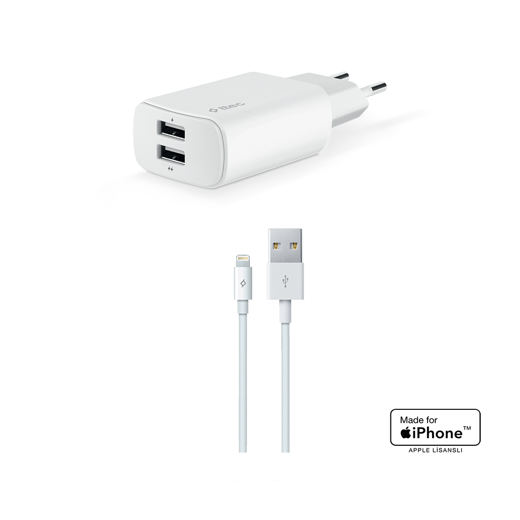 2SCM06B ttec Quantum Duo Apple MFi Lisanslı 1A+2.4A Seyahat Şarj Aleti + Lightning Kablo Beyaz