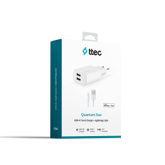 2SCM06B ttec Quantum Duo Apple MFi Lisanslı 1A+2.4A Seyahat Şarj Aleti + Lightning Kablo Beyaz