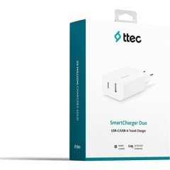 2SCS25B ttec SmartCharger Duo USB-C + USB-A 2.4A Seyahat Şarj Aleti Beyaz
