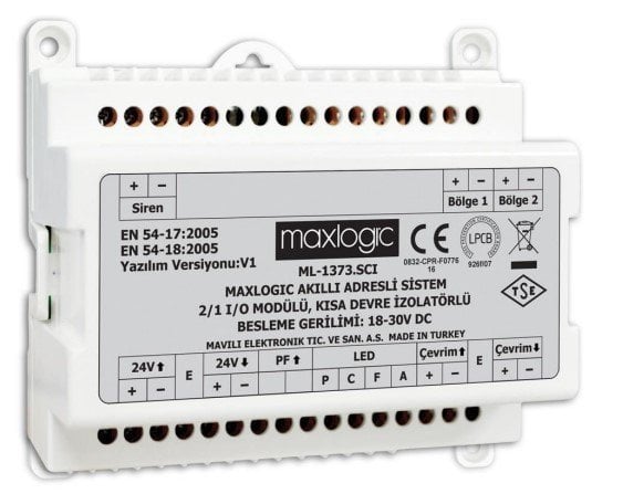 Mavili ML-1373.SCI/M Maxlogic Adresli 2/1 I/O Modül, 2 Bölge İzleme, 1 Siren Çıkışı, Kısa Devre İzolatörlü, Marin