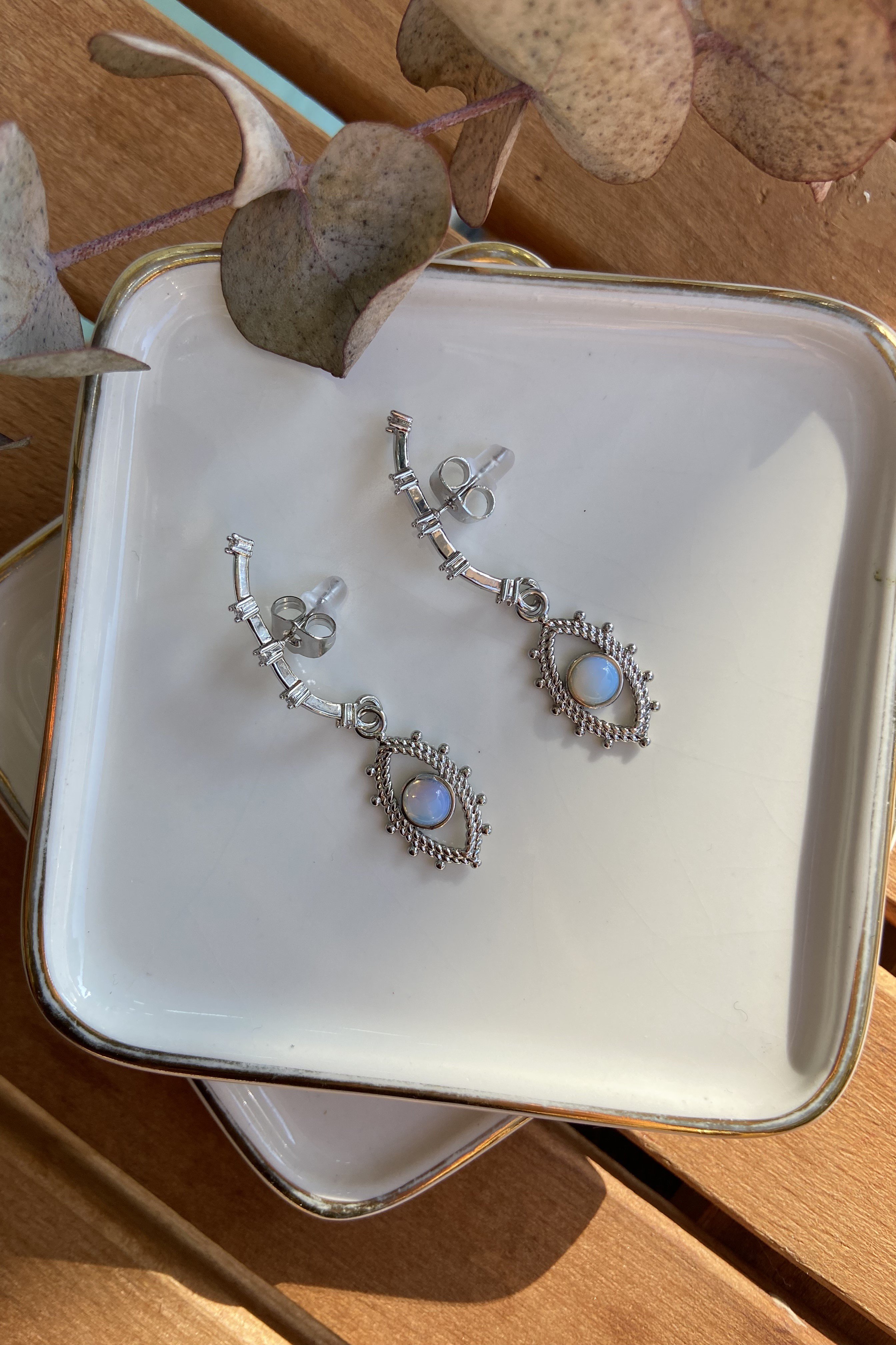 14K Altın Kaplama Opal Göz Küpe Silver